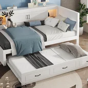 Łóżka dla dzieci i młodzieży - Łóżko piętrowe 90x200 cm z diodami LED i gniazdkami - z łóżkiem piętrowym 90x190 cm - Biały - miniaturka - grafika 1