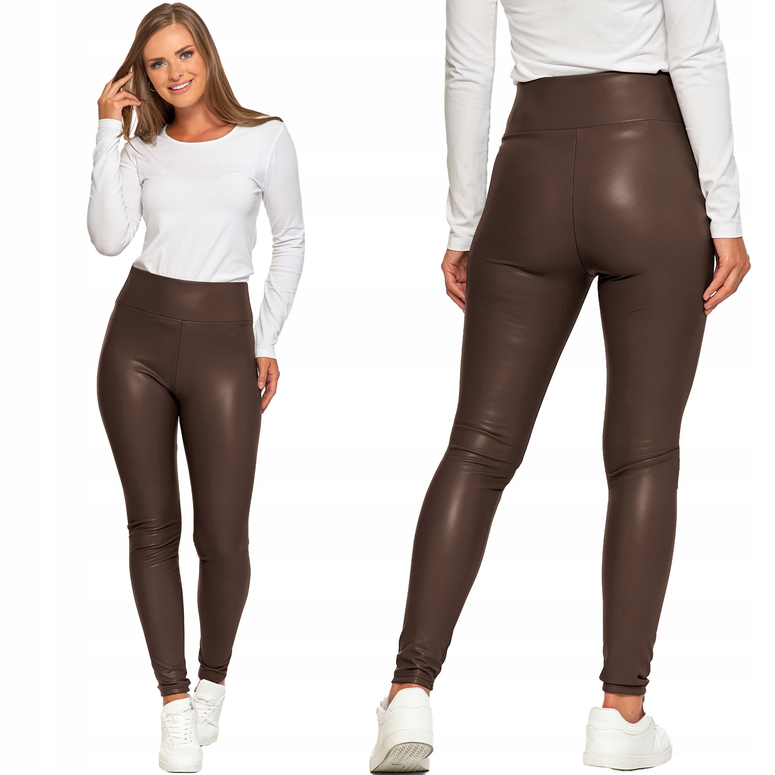Moraj Legginsy Damskie z Wysokim Stanem Eco Skórzane 2400-011 brązowy M