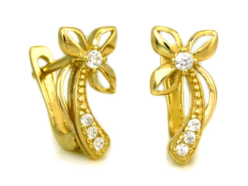 Złote kolczyki 585 kwiatki z cyrkoniami angielskie zapięcie 1.80g