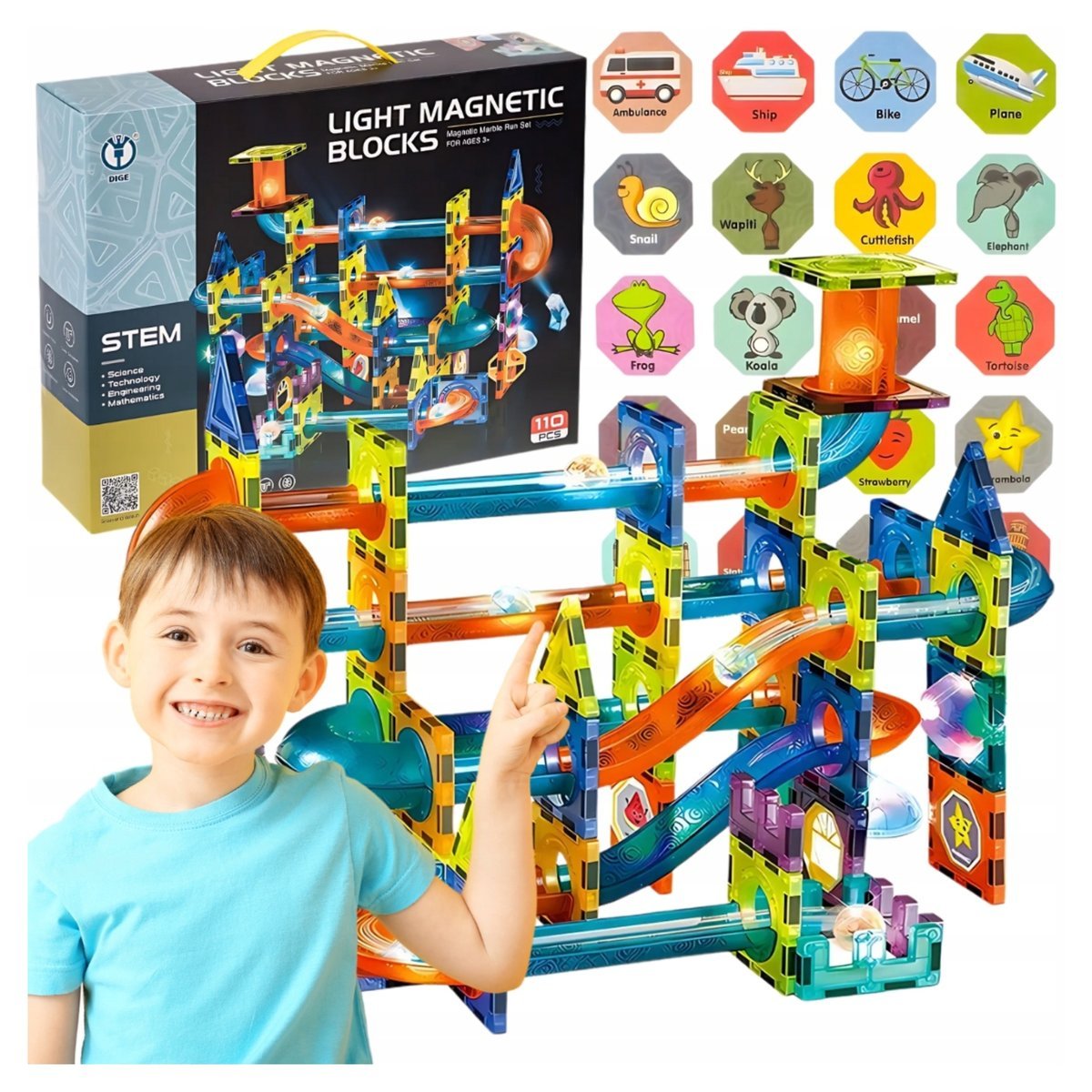 DUŻY TOR KULKOWY 110 EL KULODROM ZESTAW MAGNETYCZNY KLOCKI KONSTRUKCYJNE