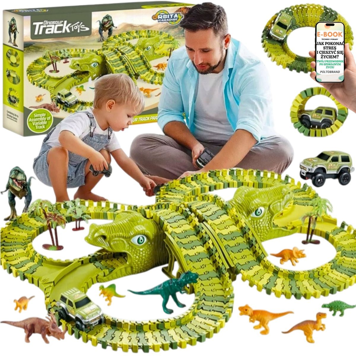 TOR WYŚCIGOWY DLA DZIECI XXL DINOZAURY SAMOCHÓD ELEKTRYCZNY PREZENT DLA DZIECI CHŁOPCA AUTKO TOR + EBOOK-1