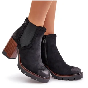 Ocieplane Botki Damskie Na Słupku Z Eko Zamszu Vinceza 58356 Czarne - Botki damskie - miniaturka - grafika 1