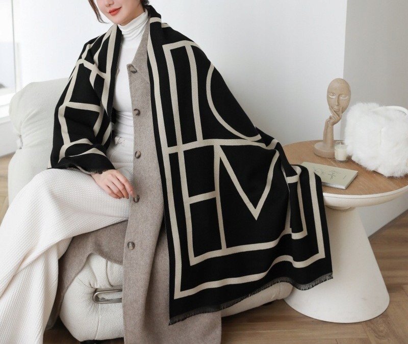 elegancki damski SZAL na zimę ciepły SZALIK szykowny 180x66 szaro-czarny