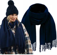 Apaszki i szaliki damskie - Elegancki SZAL ZIMOWY CIEPŁY jesień klasyczny Gładki Szalik frędzle granat - miniaturka - grafika 1