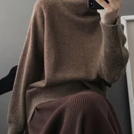 Swetry damskie - TEMU Damski Zimowy Ciepły Sweter z Golfem - Miękki Długi Rękaw, Okrągły Dekolt w Stylu Wysokiego Kołnierza, Jednolity Czarny Elegancki Sweter na - miniaturka - grafika 1