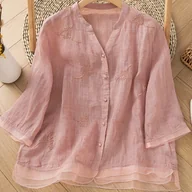 Koszule damskie - TEMU Bluzka Damska w Stylu Vintage z Haftowanym Kwiatowym Wzorem - Miękki Różowy , Długi Rękaw i Kołnierzyk, Nieprześwitująca Tkanina do Prania - miniaturka - grafika 1