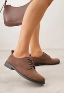 Półbuty damskie - Brązowe Lakierowane Półbuty Oksfordki Sznurowane na Rzemyki Zatella - miniaturka - grafika 1