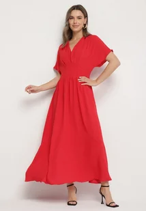 Czerwona Rozkloszowana Sukienka z Gumką w Talii i Dekoltem w Serek Iffara - Sukienki - miniaturka - grafika 1