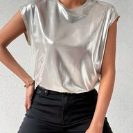 Bluzki damskie - TEMU Modny luźny srebrny T-shirt z krótkim rękawem Damska bluzka z okrągłym dekoltem, jednolity , idealna na wiosnę//jesień - miniaturka - grafika 1