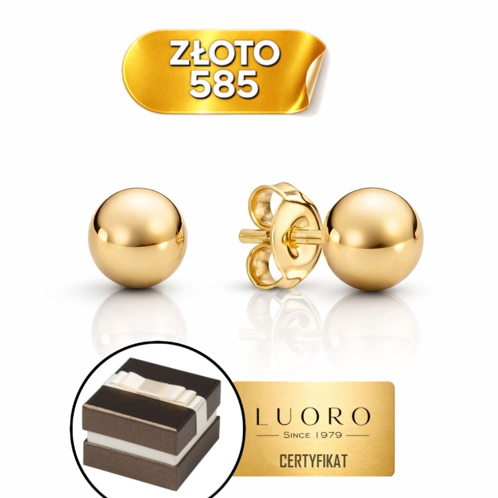 KOLCZYKI ZŁOTE 585 14K KULKI 6 MM SZTYFT ELEGANCKIE PRESTIŻOWE