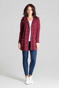 Bordowy Niezapinany Sweter w Paski z Kapturem - Swetry damskie - miniaturka - grafika 1