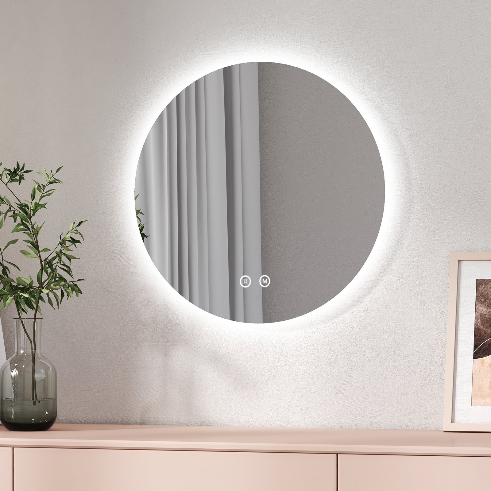 Lustro łazienkowe EMKE LED okrągłe średnica 50 cm, lustro łazienkowe z regulowanym oświetleniem, zimne białe, neutralne, ciepłe oświetlenie, lustro ścienne z przełącznikiem dotykowym