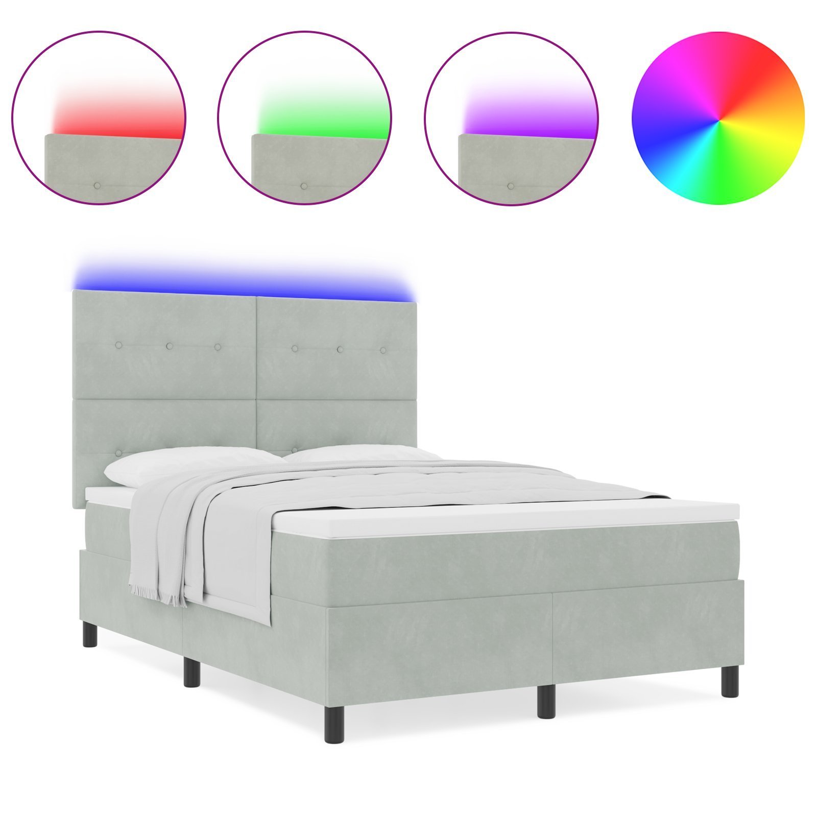 Łóżko Box Spring z materacem i oświetleniem LED jasnoszare 140x200 cm aksamit