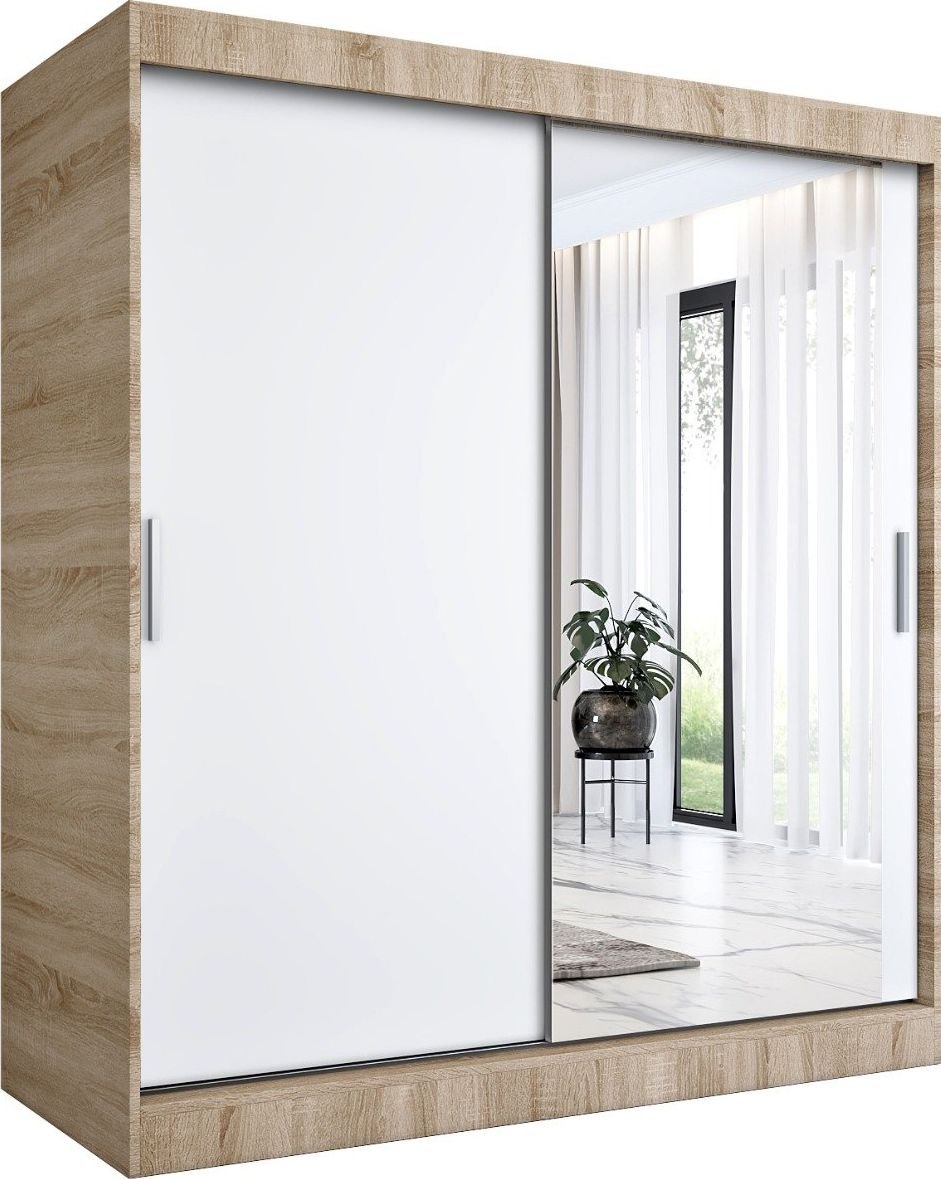 MKPOL Szafa przesuwna MODUO COMFORT 180 dąb sonoma/biała mat z lustrem po prawej