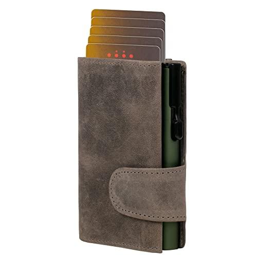 CLICKSAFE® Etui na karty kredytowe z przegródką na monety i kieszonką na banknoty z szarej skóry z zielonym aluminiowym sejfem i ochroną RFID (etui na karty, Slim Wallet)