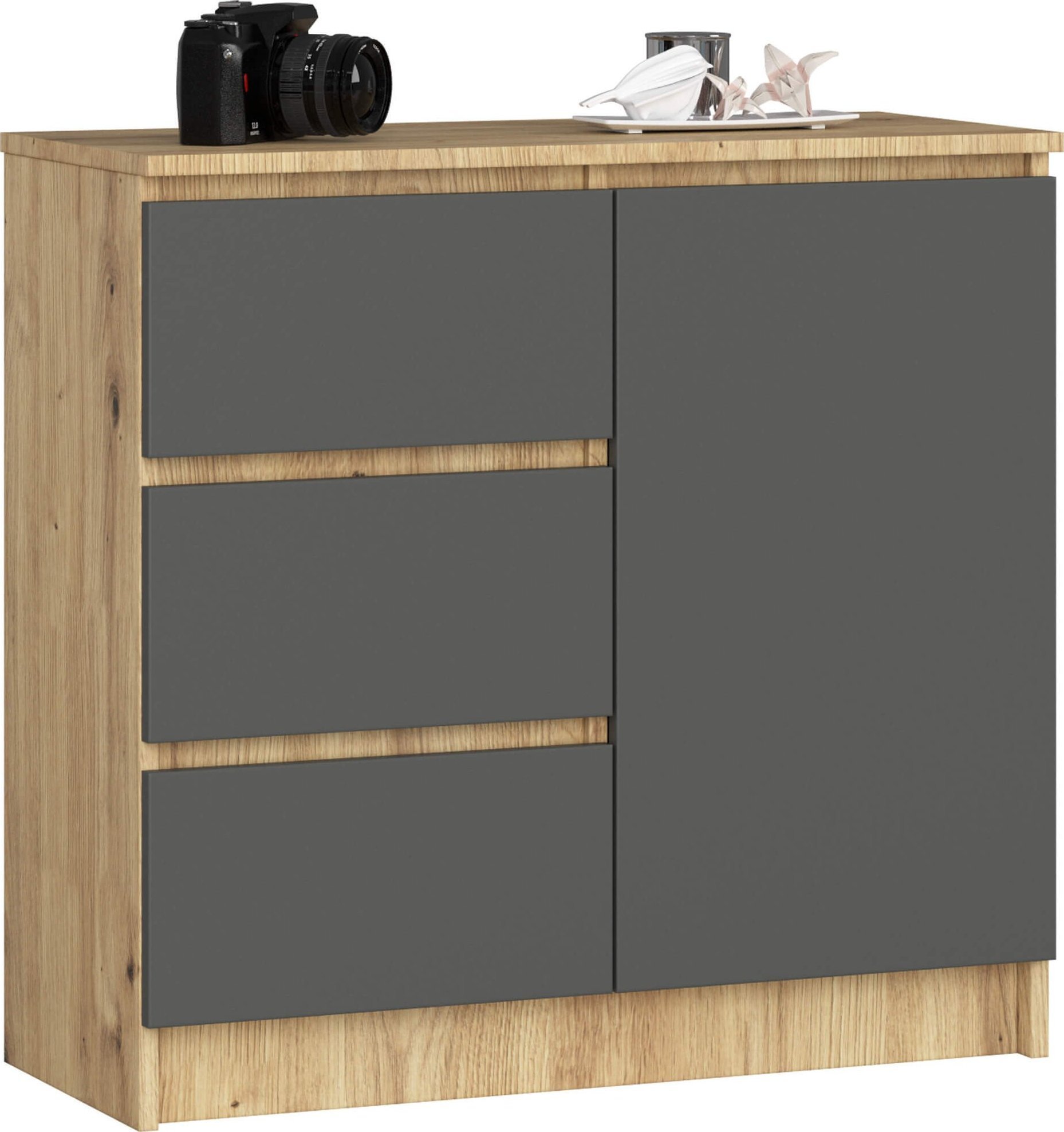 Fabryka Mebli Akord Komoda bezuchwytowa JERRY 80 cm nowoczesna 1 drzwi 3 szuflady 2 półki - dąb artisan grafit szary