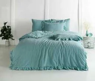 Pościel - Limasso Pościel bawełniana 160x200 niebieska mineralna z falbanką jednobarwna w pudełku jednobarwna Stonewashed Mineral Blue - miniaturka - grafika 1