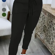 Inne - TEMU Spodnie prostokątne o wysokim staniku w jednolitym kolorze z kieszeniami i sznurkiem, damskie, rozciągliwe, wygodne, na co dzień - miniaturka - grafika 1