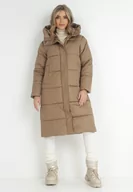 Kurtki damskie - Jasnobrązowa Kurtka za Kolano Pikowana Fiddaf - miniaturka - grafika 1