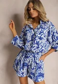 Komplety damskie - Granatowo-Biały Dwuczęściowy Komplet Koszula z Długim Podpinanym Rękawem Szorty z Gumką w Talii Bellafaie - miniaturka - grafika 1