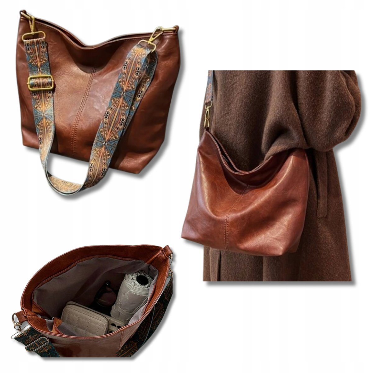 Elegancka Torba Damska Boho Brązowa Skórzana Do Codziennego Użytku Na Ramie