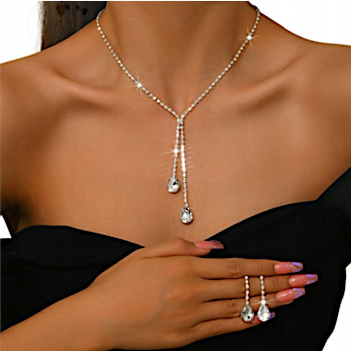 Komplet eleganckiej bizuterii Kolczyki Naszyjnik Ślubny Srebrny Cyrkonie