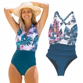 Stroje kąpielowe - STRÓJ KĄPIELOWY JEDNOCZĘŚCIOWY KOSTIUM WYSZCZUPLAJĄCY DAMSKI NIEBIESKI M - miniaturka - grafika 1