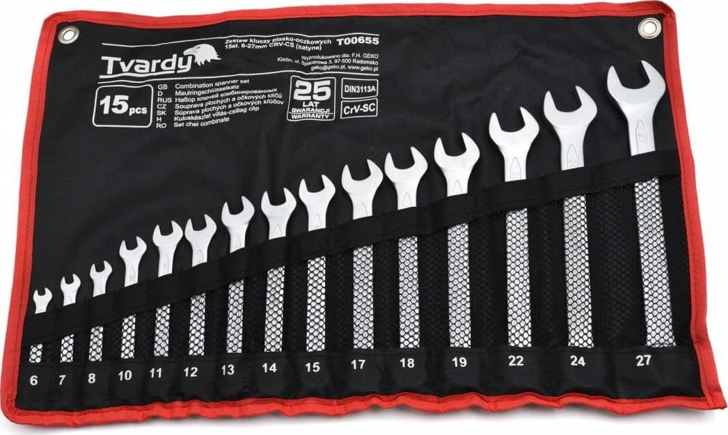 Geko ZESTAW KLUCZY PŁASKO-OCZKOWYCH 15EL. 6-27MM CRV-CS SATYNA10 T00655 GEKO