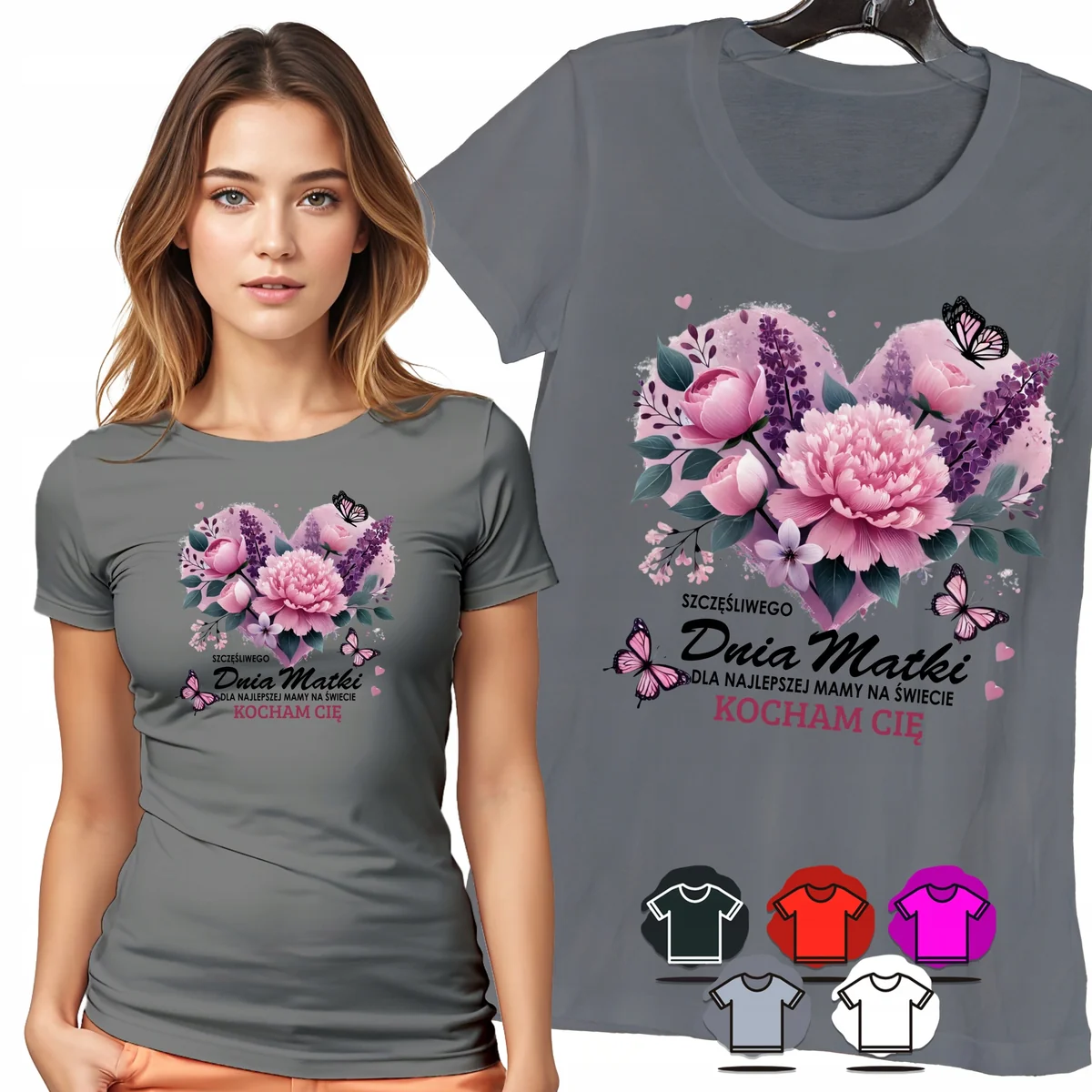KOSZULKA DAMSKA T-SHIRT - SZCZĘŚLIWEGO DNIA MATKI RÓŻOWE KWIATY WZÓR - XXL
