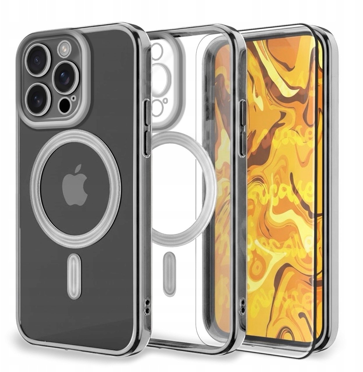 Etui Do Apple iPhone 16 Pro Do Magsafe, Srebrne, Metal, Ochronne Szkło