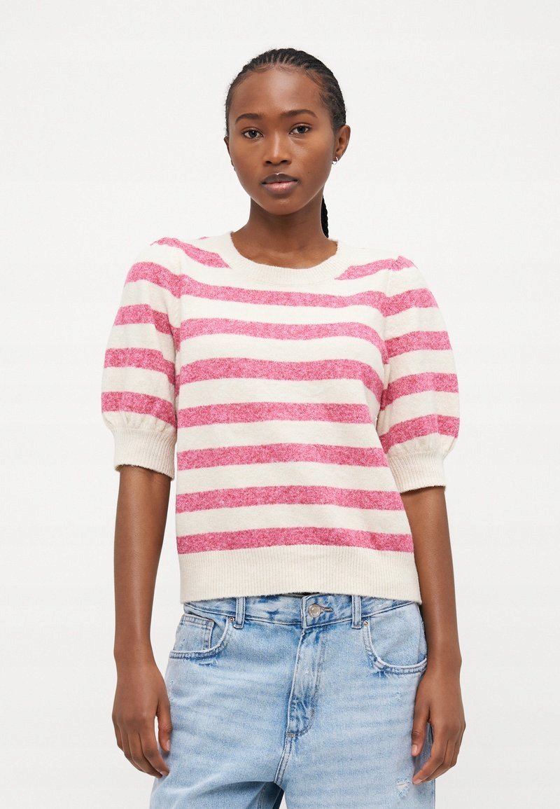 VERO MODA SWETER KRÓTKI RĘKAW BIAŁO RÓŻOWY W PASY XL 6FA