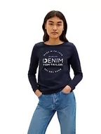 Swetry damskie - TOM TAILOR Denim Damski sweter z nadrukiem logo i ramieniem marszczącym, 10668-sky Captain Blue, L, 10668-sky Captain Blue, L - miniaturka - grafika 1
