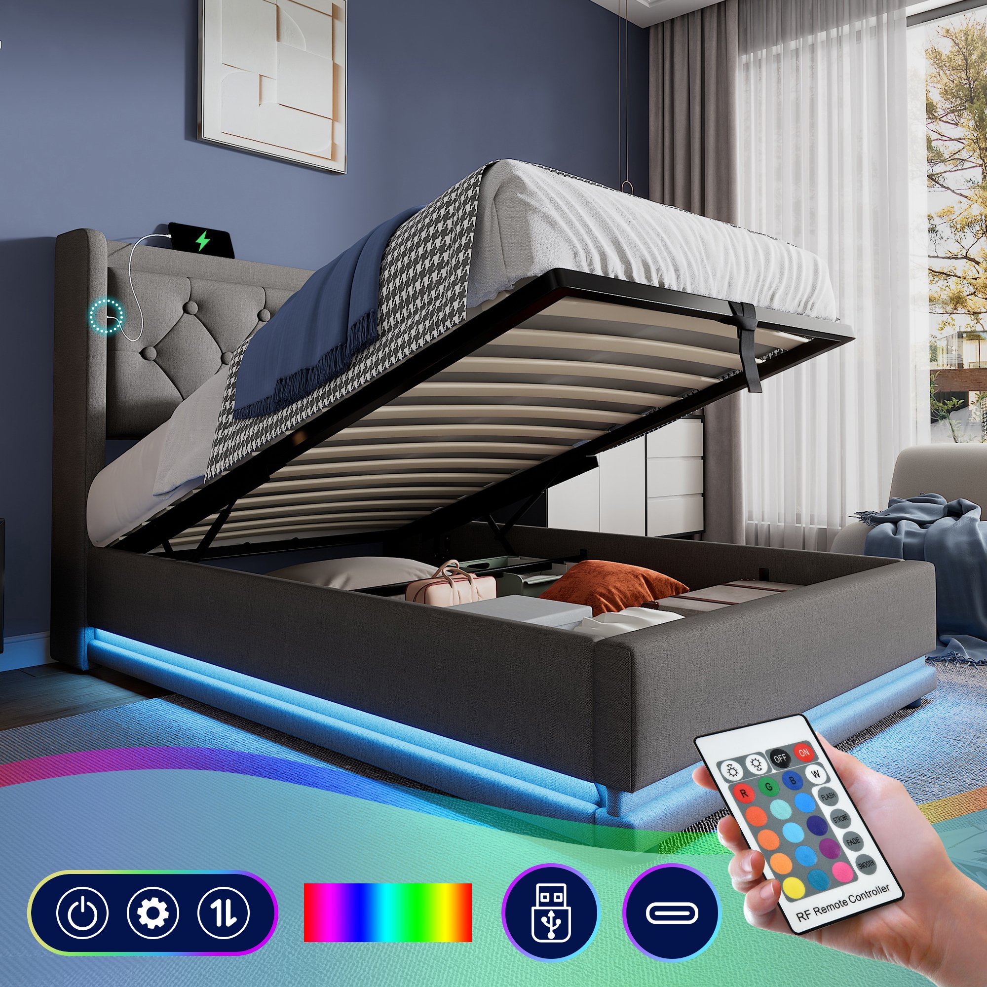 Łóżko tapicerowane Flieks 90x200cm z USB i Type-C, pojedyncze łóżko młodzieżowe z LED, hydrauliczne łóżko sprężynowe ze stelażem z listew, bawełna, szary