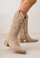 Botki damskie - Ciemnobeżowe Botki Kowbojki na Stożku z Imitacji Zamszu z Ażurowymi Wstawkami Crela - miniaturka - grafika 1