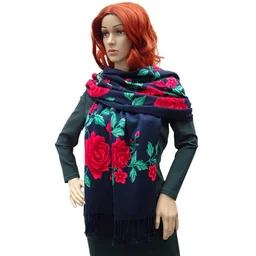 Szalik damski szal z frędzlami w róże zielone liście granatowy DOR-2C - Apaszki i szaliki damskie - miniaturka - grafika 1