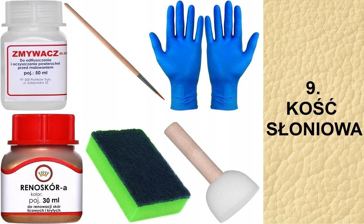 KOŚĆ SŁONIOWA 9 Renoskór ZESTAW DO RENOWACJI SKÓRY LICOWEJ Farba + Zmywacz