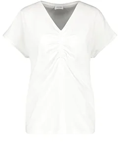 Gerry Weber Damska koszulka z marszczonym detalem, z krótkim rękawem, rękaw 1/2, koszulka z półrękawami jednokolorowa, off-white, 34 - Koszulki i topy damskie - miniaturka - grafika 1