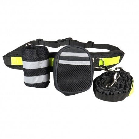 Pas biodrowy do biegania z amortyzowaną smyczą, czarny, M, pasek dł. 80-104cm, saszetka 10x5x13cm, smycz dł.145-200 cm