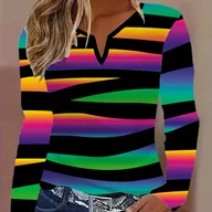 Bluzki damskie - TEMU Damska świeża koszulka z długim rękawem w paski - swobodny pulower z dekoltem w kształcie litery V w kolorowych paskach, wygodna tkanina na - miniaturka - grafika 1