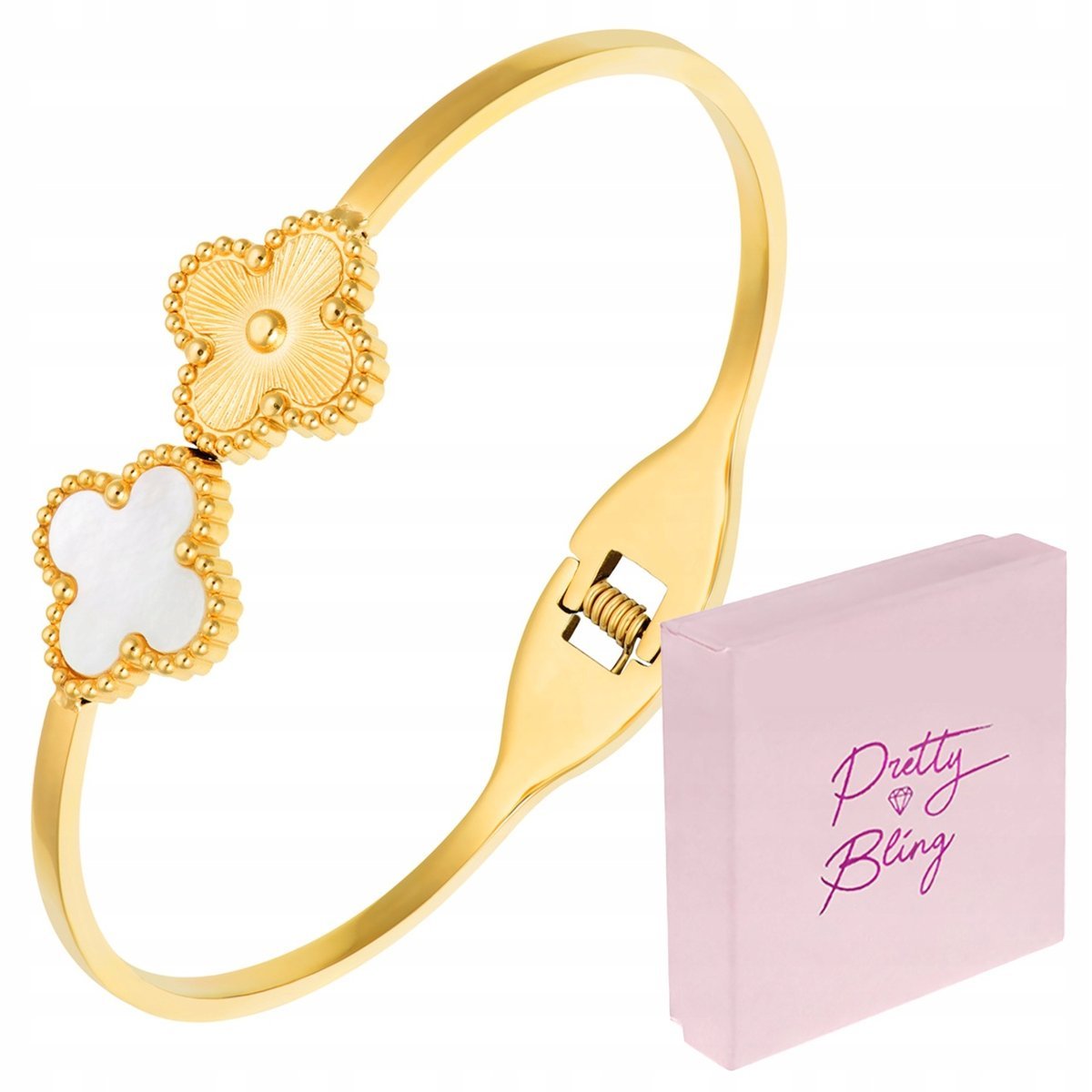 Bransoletka damska BANGLA POZŁACANA kwiatki BIAŁE frezowane STAL 316L