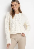 Swetry damskie - Jasnobeżowy Sweter z Wełną i Bawełną Ozdobiony Grubym Splotem Numike - miniaturka - grafika 1