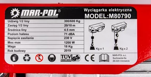 Wciągarka wyciągarka elektryczna linowa warsztatowa 600kg 1200W MAR-POL - Wciągarki - miniaturka - grafika 3