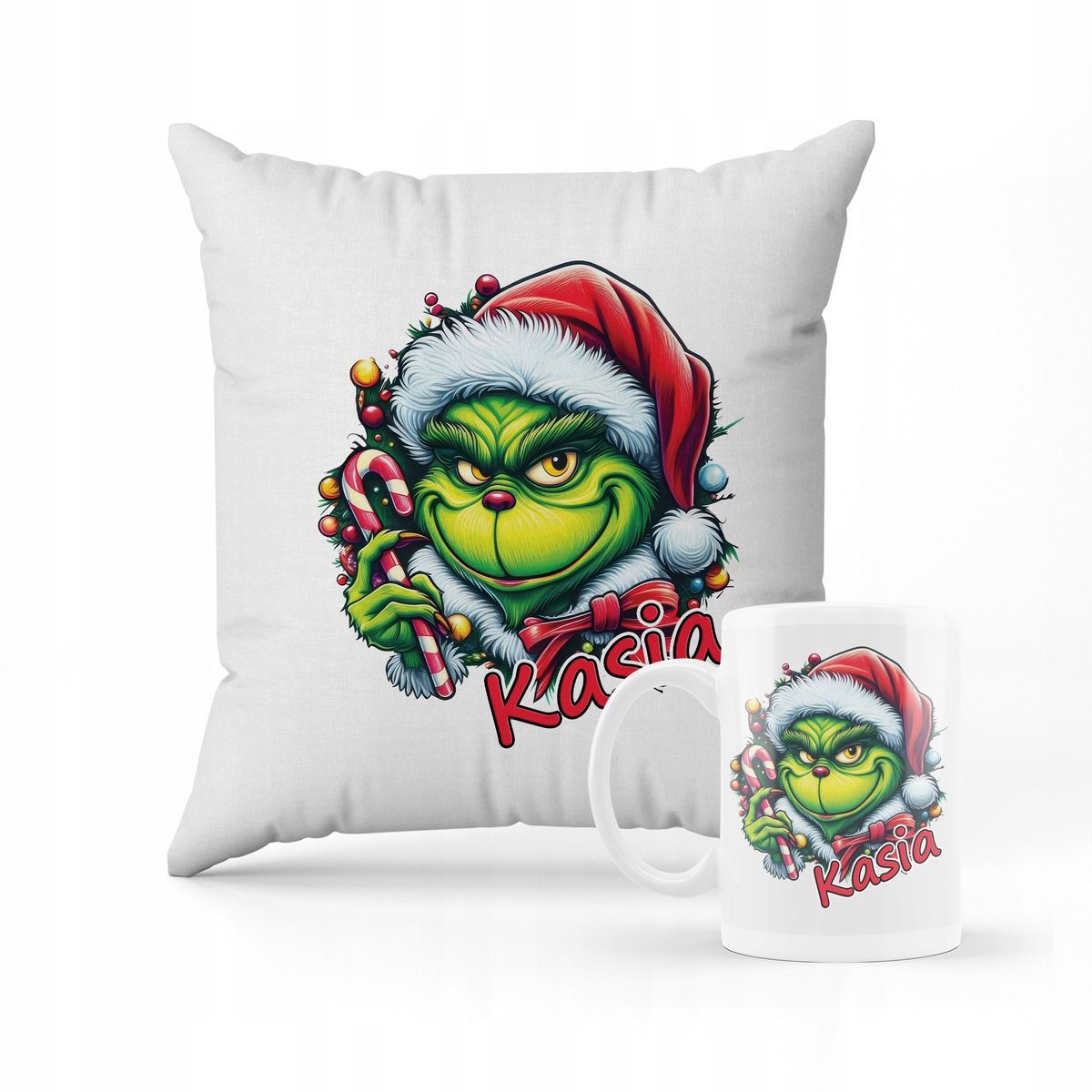 ZESTAW PODUSZKA + KUBEK Grinch święta + IMIĘ 3