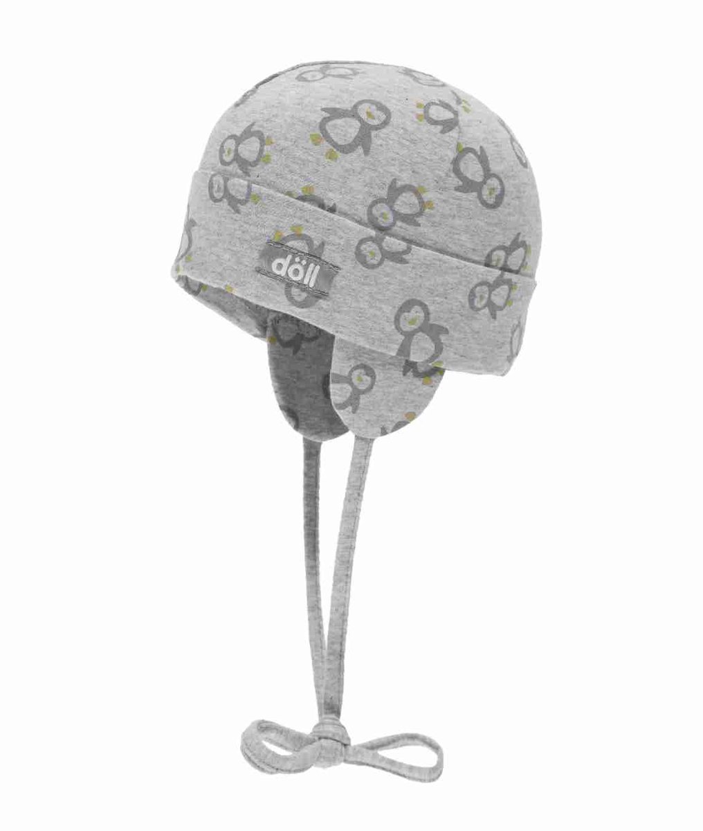 Czapka niemowlęca wiązana, szara, pingwiny, Döll