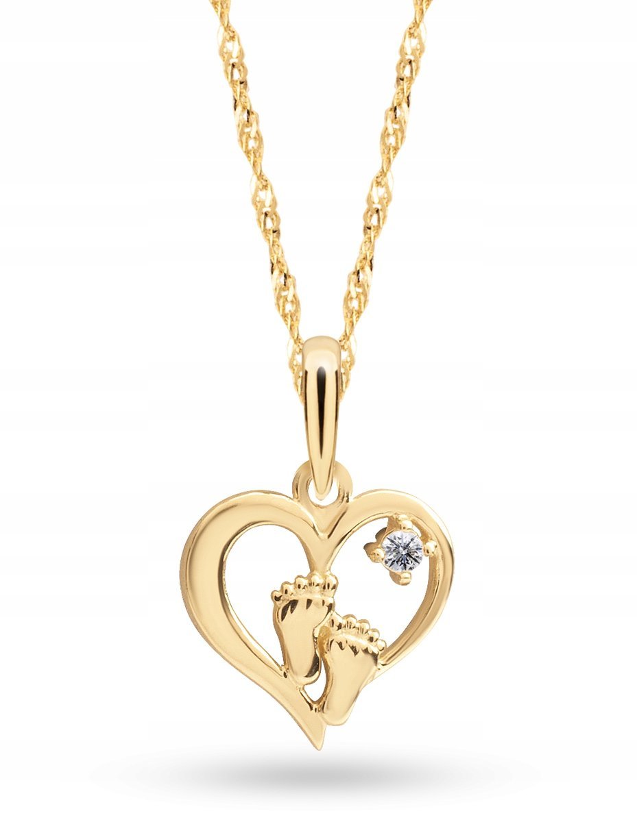 ZŁOTY NASZYJNIK SERDUSZKO ZE STÓPKAMI I BIAŁĄ CYRKONIĄ DLA MAMY 8KT 333