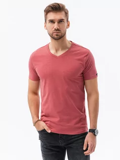 Koszulki męskie - Klasyczna męska koszulka z dekoltem w serek BASIC - czerwony melanż V17 S1369 - grafika 1