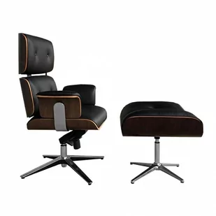 Fotel biurowy, krzesło biurowe Fotel biurowy LOUNGE BUSINESS czarny z podnóżkiem - sklejka orzech, skóra naturalna, stal polerowana kod: YS-6809.SET.WALNUT - Fotele i krzesła biurowe - miniaturka - grafika 1