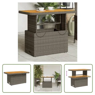 The Living Store Stół ogrodowy - szary - 90x55x71 cm - polirattan i drewno akacjowe - Stół Ogrodowy - Stoły ogrodowe - miniaturka - grafika 1