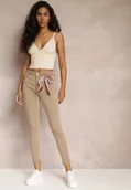 Spodnie damskie - Beżowe Spodnie Skinny z Wysokim Stanem i Ozdobną Chustką Hyadia - miniaturka - grafika 1