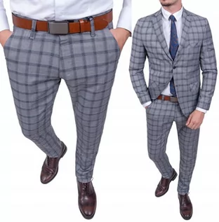 Spodnie męskie - ﻿Spodnie wizytowe męskie szare w kratę slim - 35 - grafika 1